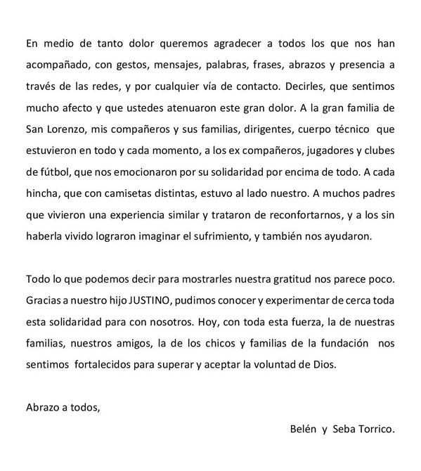 La emotiva carta de Sebastián Torrico